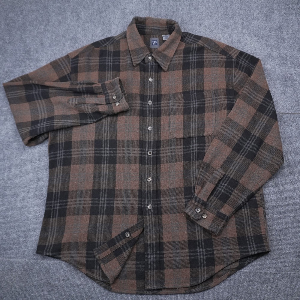 Vintage 90s GAP Flannel Shirt Mens XL Brown Black Plaid Wool Blend LS Button Up